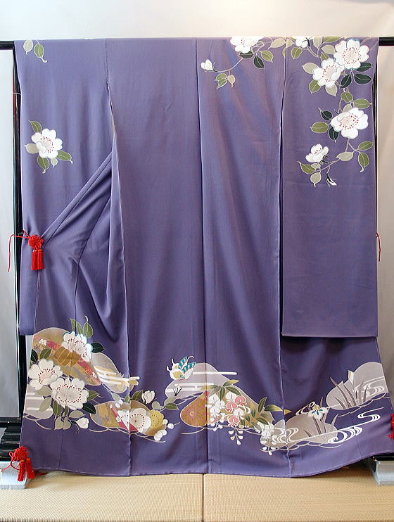 正絹糸目手描き京友禅の紫地振袖、レンタル大阪