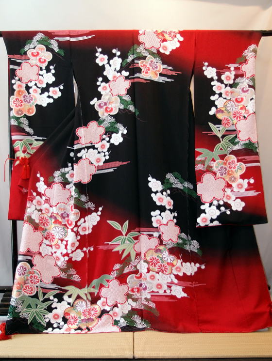 正絹絞り入り手描き京友禅赤と黒の振袖、レンタル大阪