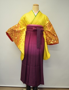 卒業式、袴レンタル大阪：黄地、赤小花小袖：H-015