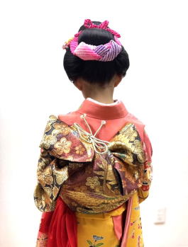 正絹高級七五三（753）着物レンタル|黄色・ピンク染め分け【y-2011】|大阪市都島・日産呉服＆和田甚