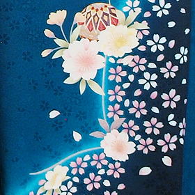 正絹紋意匠手描き友禅ブルー地桜文様の振袖、レンタル大阪