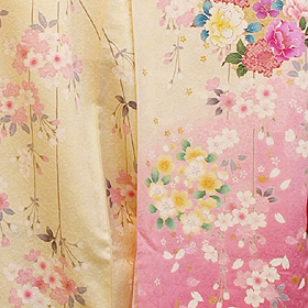 正絹桜づくし、薄黄色、ピンク振袖、レンタル大阪