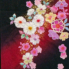 正絹金ラメ辻が花文様の黒と赤の振袖、レンタル大阪