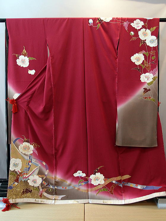 正絹手描き京友禅振袖、赤【FR-144】、レンタル大阪