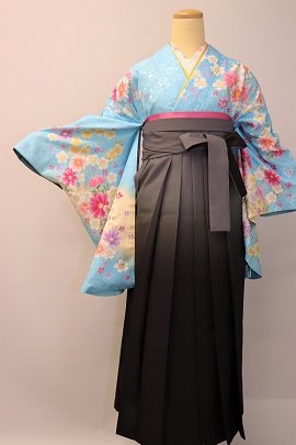 卒業式、袴レンタル大阪：ブルーピンク花柄小袖：H-012