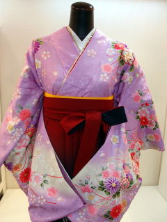 卒業式、袴レンタル大阪：紫ピンク花柄小袖：H-013